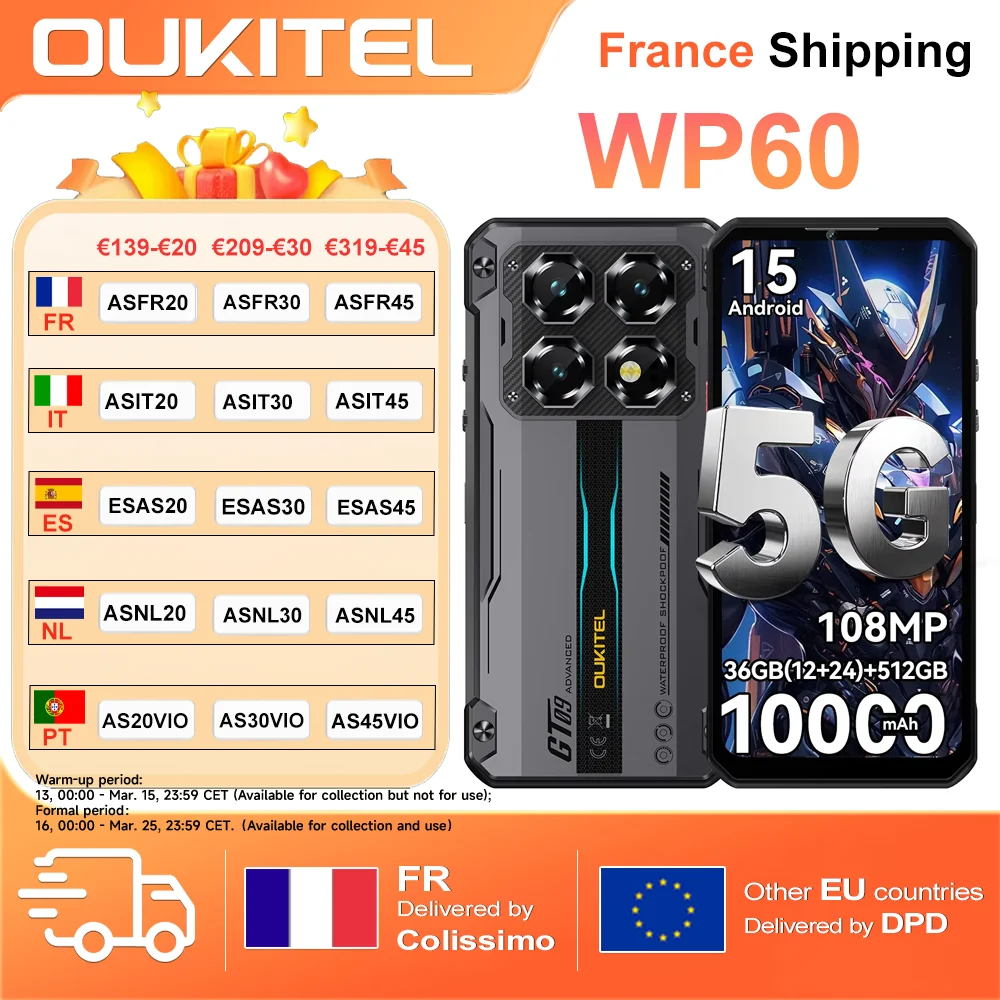 OUKITEL WP60 5G 36GB(12 + 24) RAM 512GB ROM 7.2 ”HD + 120Hz écran Smartphone MTK 7025 10000mAh téléphone robuste 108MP Android 15 NF