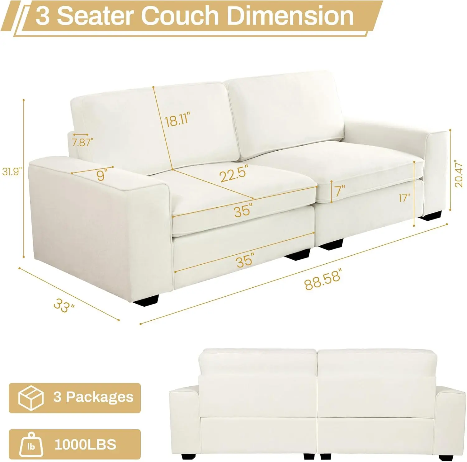 Sofa & Sofa Modern 88.58 ", untuk ruang tamu, Sofa Chenille loveat, dengan sandaran tangan lebar persegi dan bantal Sofa yang dapat dilepas