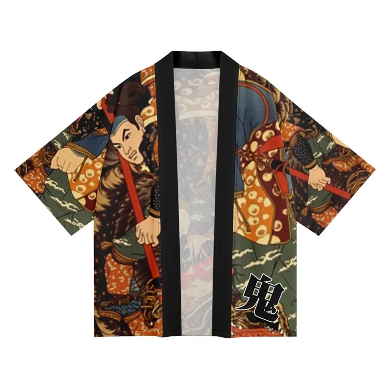 

Кардиган большого размера, халат для косплея, уличная одежда, топы, лето 2021, мужское кимоно с принтом самурая, японского аниме, укиё-э, хаори