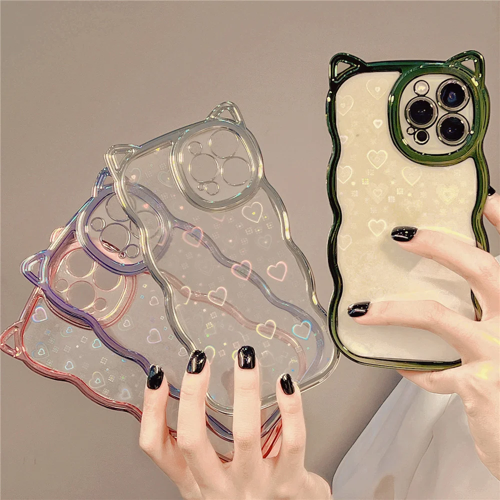 Electroplated Wavy Cat Ear Phone Case, Suitable for Apple 15, 14, 13, 12, Fine Hole, All-Inclusive, XS, XR, Anti-fall