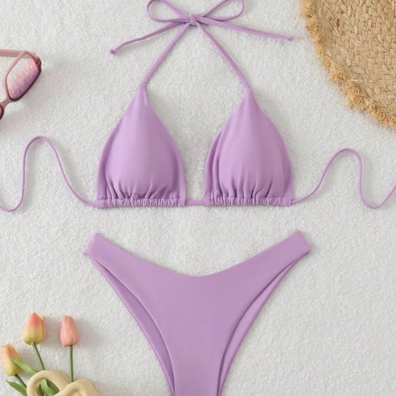 2025 feminino cor sólida halter tie bikini conjunto simples moda para praia maiô casual uso diário banho brasileiro