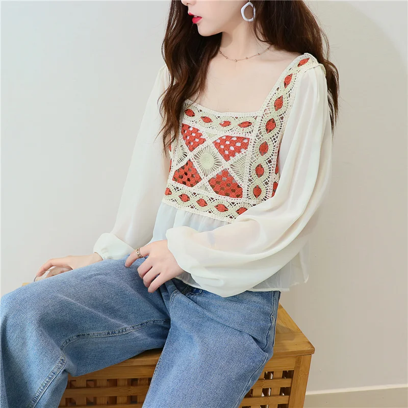 Women Blouse Crochet Knit Square Neck Chiffon Sleeve Geo Embroidery Crop Tops Summer Teen-girls Fairycore Cottagecore Outfit