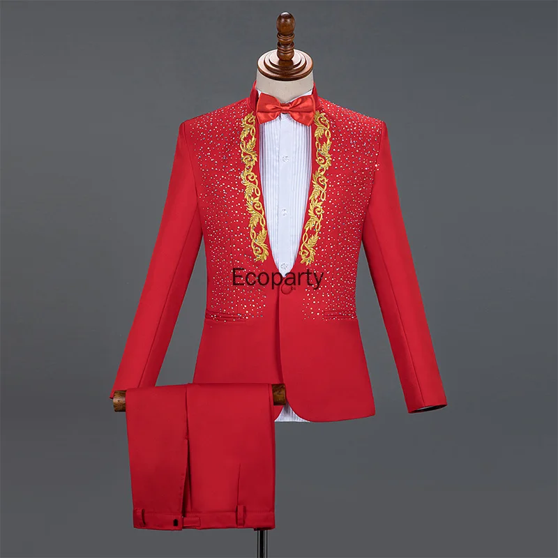 2 Piece Set Elegant Appliqued Mens Suits Sparkly Crystals Slim Formal Blazer Pants Set Male Wedding Groom Costume Homme Mariage