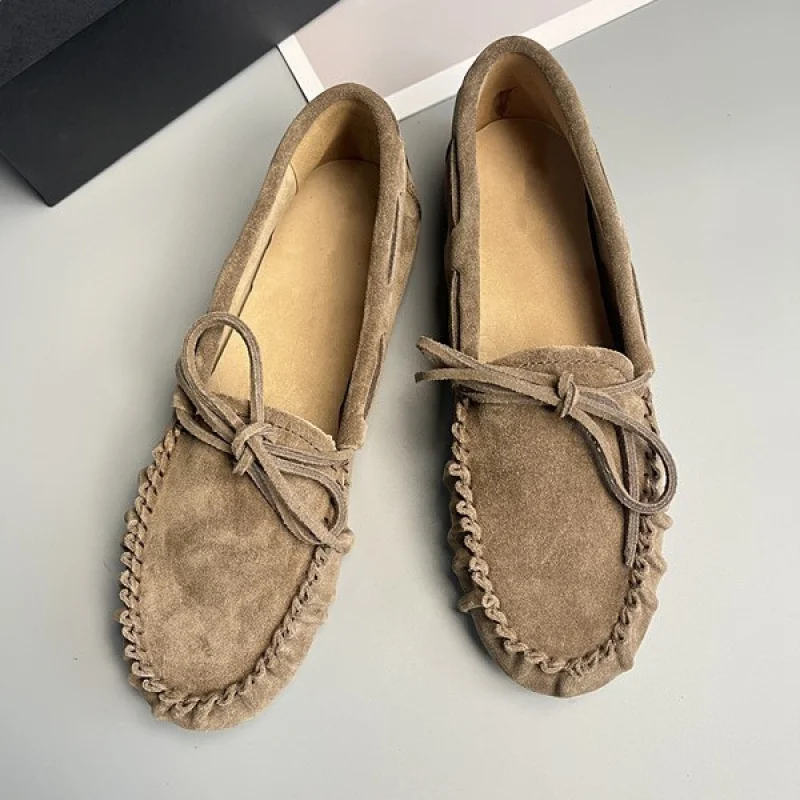 High Quality Women's Spring and Summer New Arrival Flat Folded Suede Slippers Slip-on Genuine Leather Loafers Bean Bean Shoe