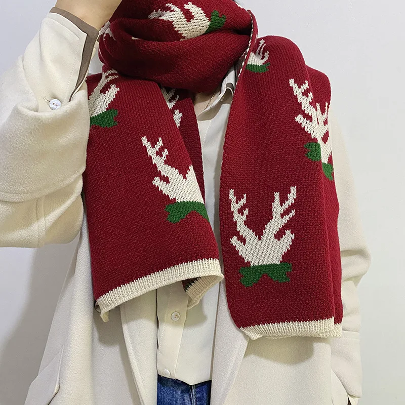 Christmas Scarf Elk Pattern Winter Knitting Warm Scarf Female Christmas Couple Gift Student Cute Scarf