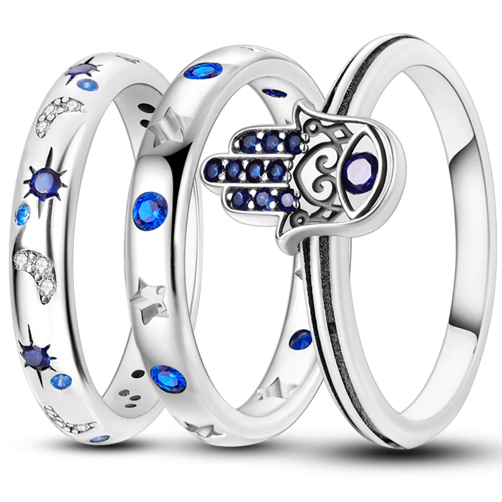 2024 925 Sterling Silver Ring Original Blue Hand of Fatima Sun Star Moon Zircon Finger Rings For Women Wedding Jewelry Gift