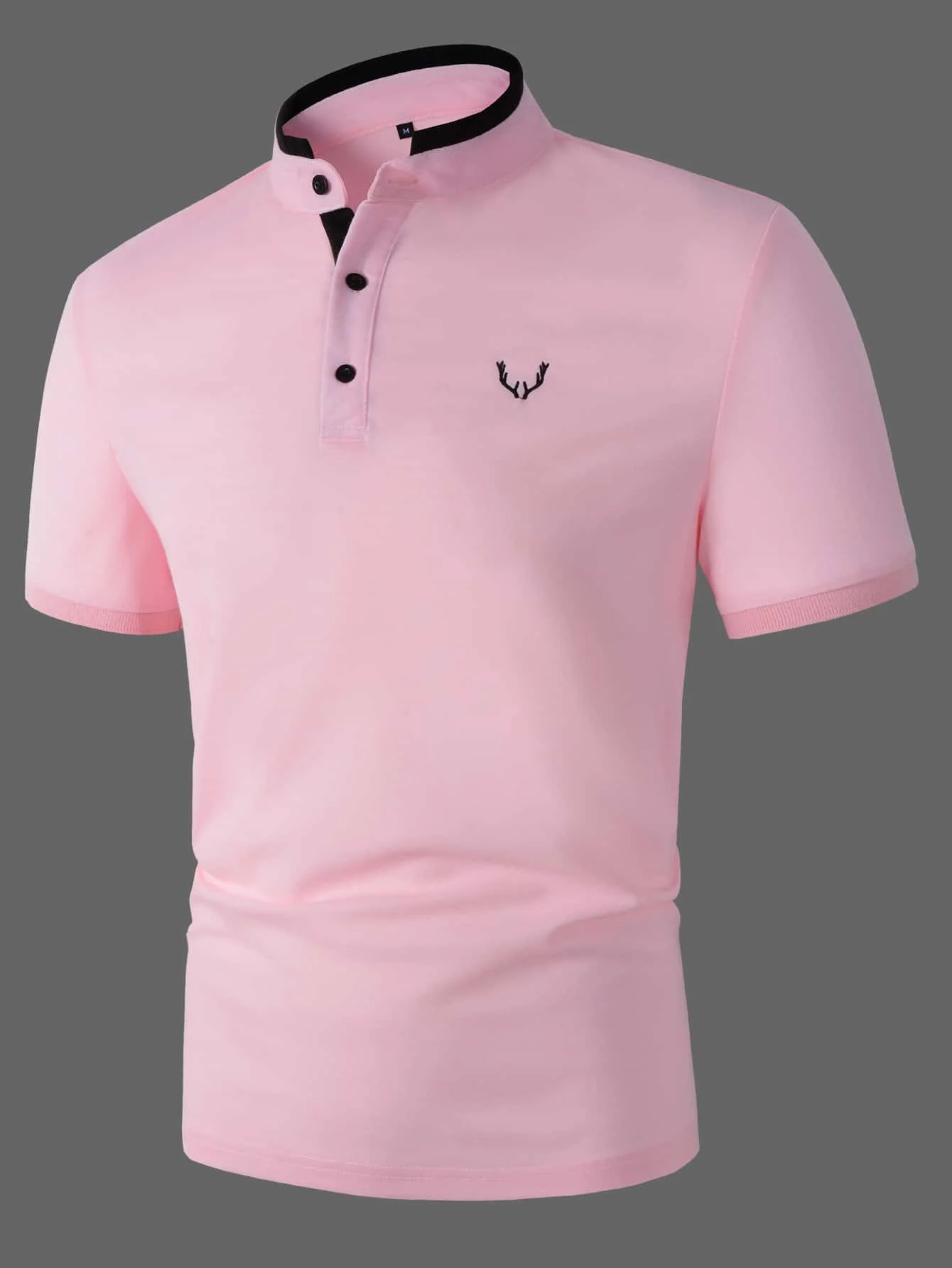 

Men's Pink Short Sleeve Polo Shirt with Contrast Trim and Antler Motif Embroidery