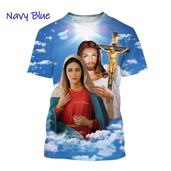 Christian God Jesus Fashionable 3D Printing T-Shirt Casual Round Neck Short Sleeve Mother of God Virgin Mary T-Shirt