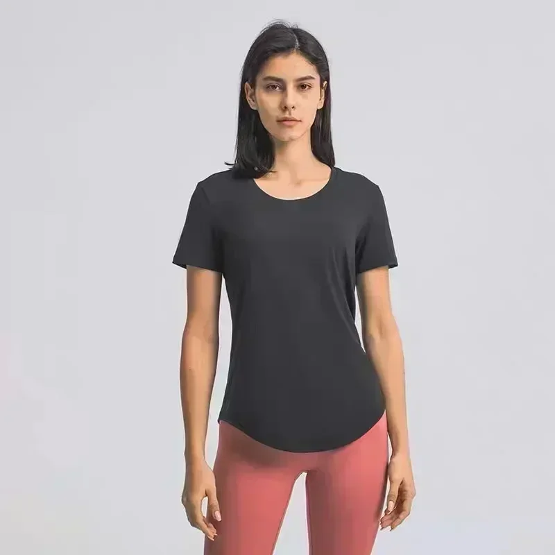 Lemon Women Loose Yoga Short Sleeve Breathable Running Sports Top Curved Hem Casual Shirt Elastic Speed Dry Fitness Clothing