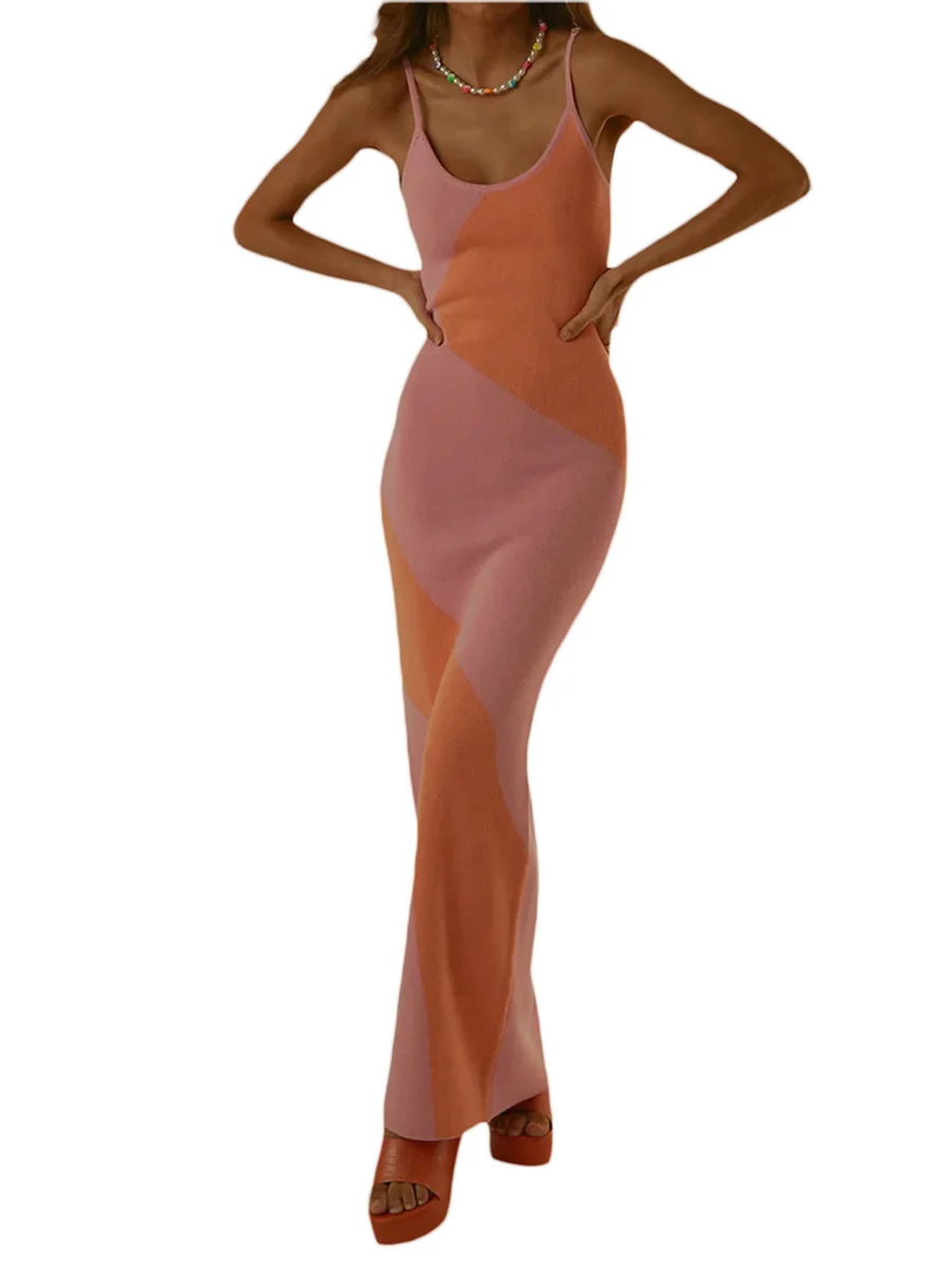 女性ニットドレス カラーパッチワーク ノースリーブ スクープネック ストラップ付き ボディコン レディース S M L