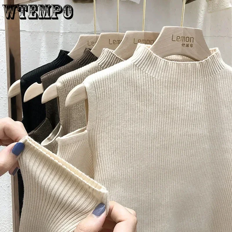 Off Shoulder Sweater Half High Neck Slim Knit Pullover Solid Color Women Long Sleeve Short Top Casual Harajuku Commuting Fall