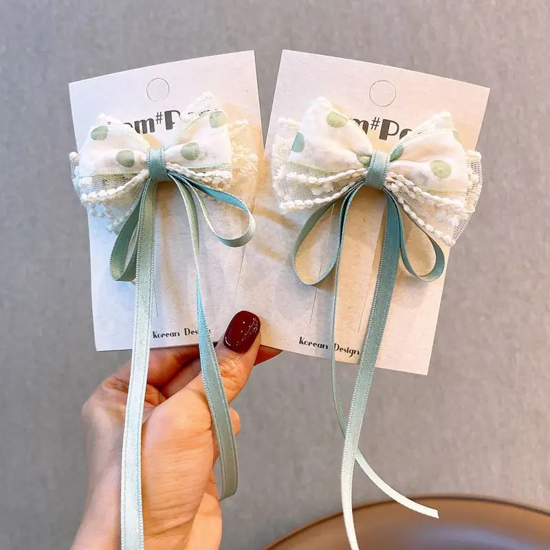 

2 Pcs Girl's Hair Clips Set Polka Dot Yarn Lace Bow Ribbon Cute Kawaii Sweet Hair Clips Children's Fashionable Hair Accessories