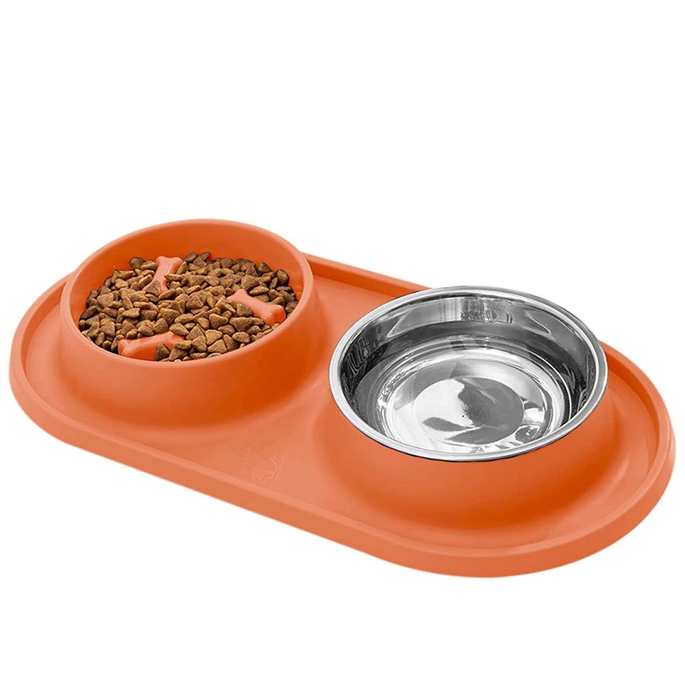 Dogs Slow Feeder Bowl Bloat Stop Pet Bowls with Steel Water Bowl for Puppy, No-Spill Non-Skid Orange