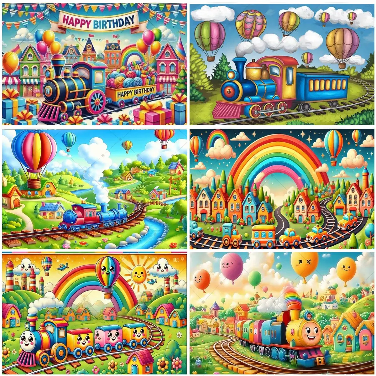 

Cartoon Train Birthday Party Decoration Backdrop Train Colorful Hot Air Balloon Rainbow Birthday Party Supplies Decor Banner