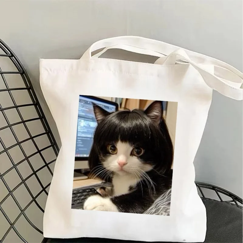 Funny Cat Meme Canvas Bag Tote Bag Shoulder Bag Handbag Cat with Black Wig Print Novelty Gift For Cat Lovers Friends