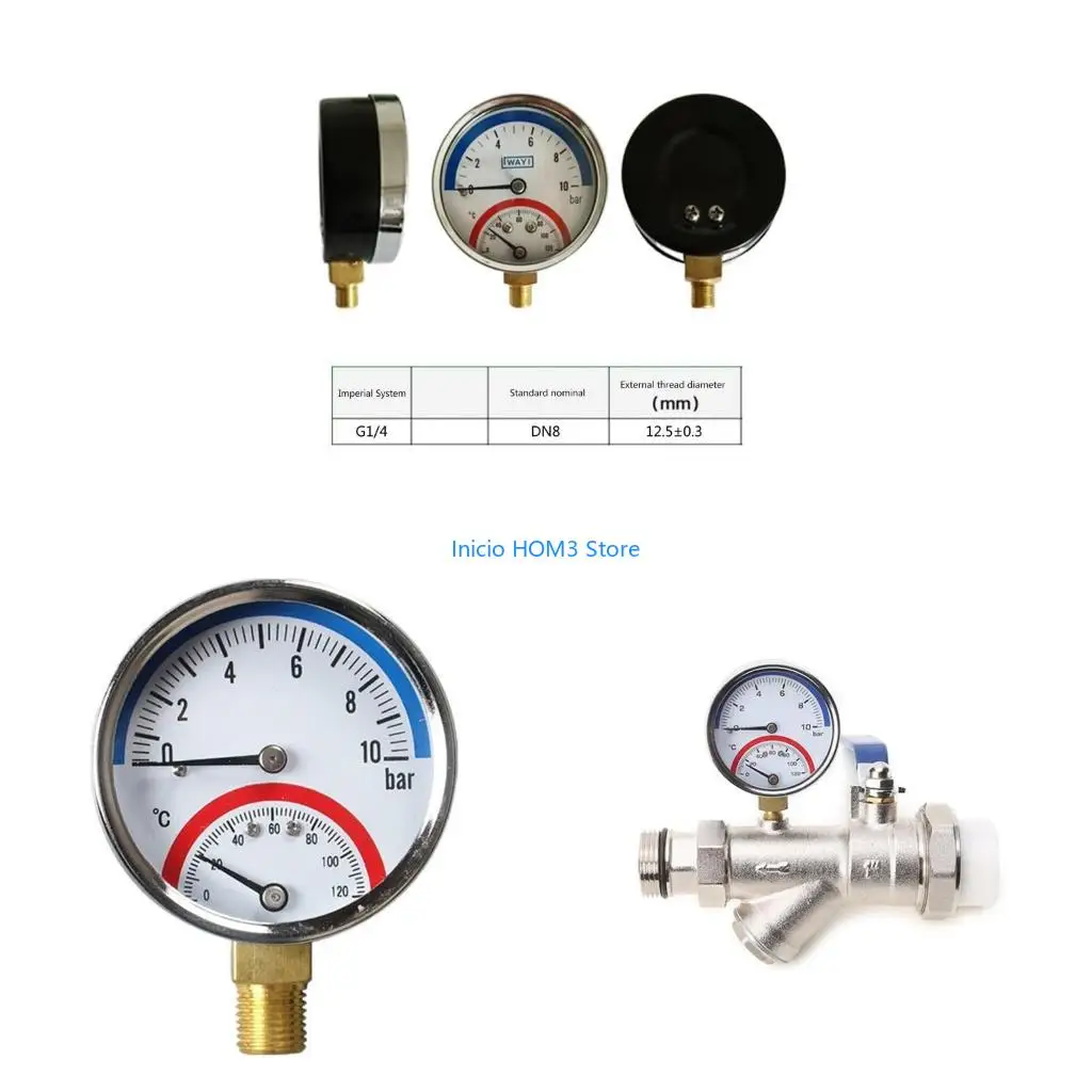 A5YD Reliable 4 Thread Temperature & Pressure Gauge 0-120 ℃ 0-10 Bar Measuring Fitting for Floor Heating System