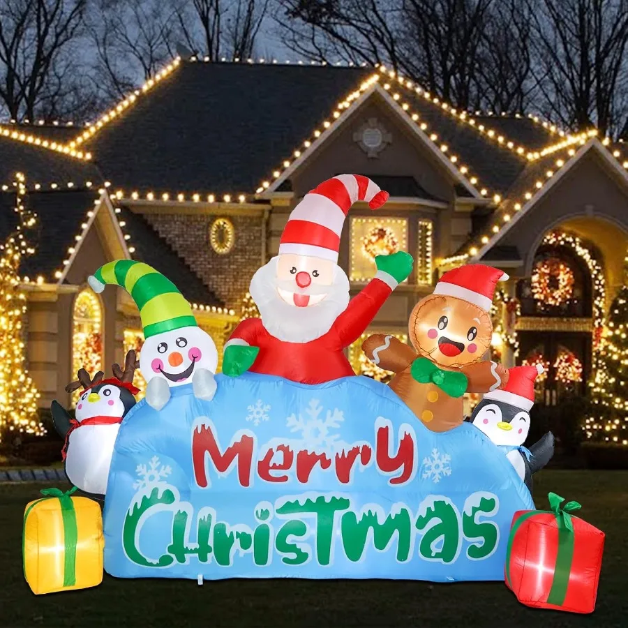 

7.5FT Long Christmas Inflatables Outdoor Decorations Inflatables Santa Snowman Gingerbread Man Penguins Blow up Merry Christmas