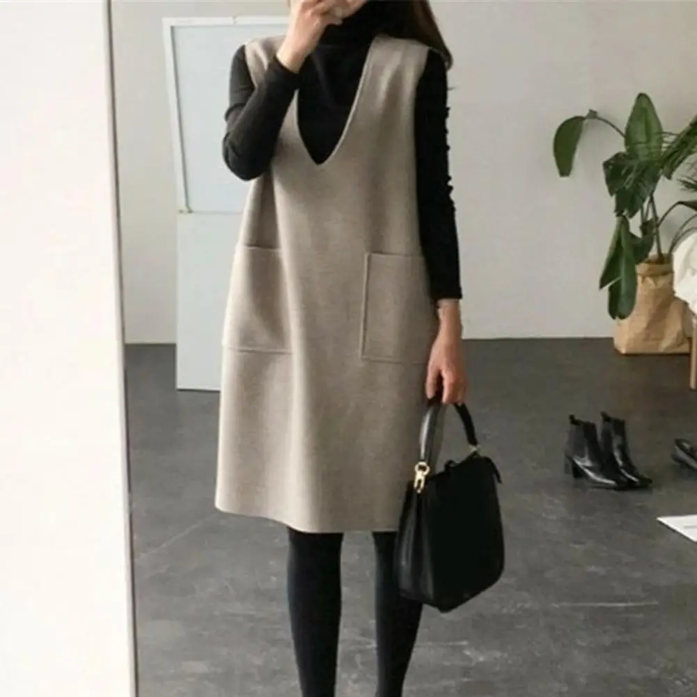 

Women Vest Dress Solid Color Sleeveless Autumn Winter Elegant Warm Long Waistcoat for Parties Casual Female Pullovers Vest