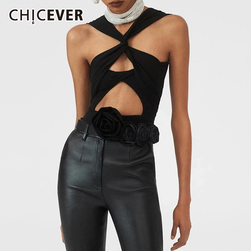 CHICEVER Solid Hollow Out Bodysuits For Women Halter Sleeveless Backless High Waist Spliced Appliques Slim Bodysuit Female New