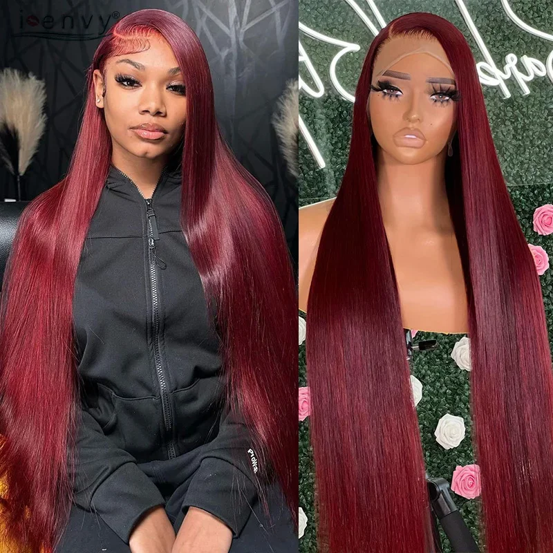 99j Colored Wigs Brazilian Straight Human Hair Frontal Wigs Burgundy 13x4 HD Transparent Lace Front Human Hair Wigs For Women