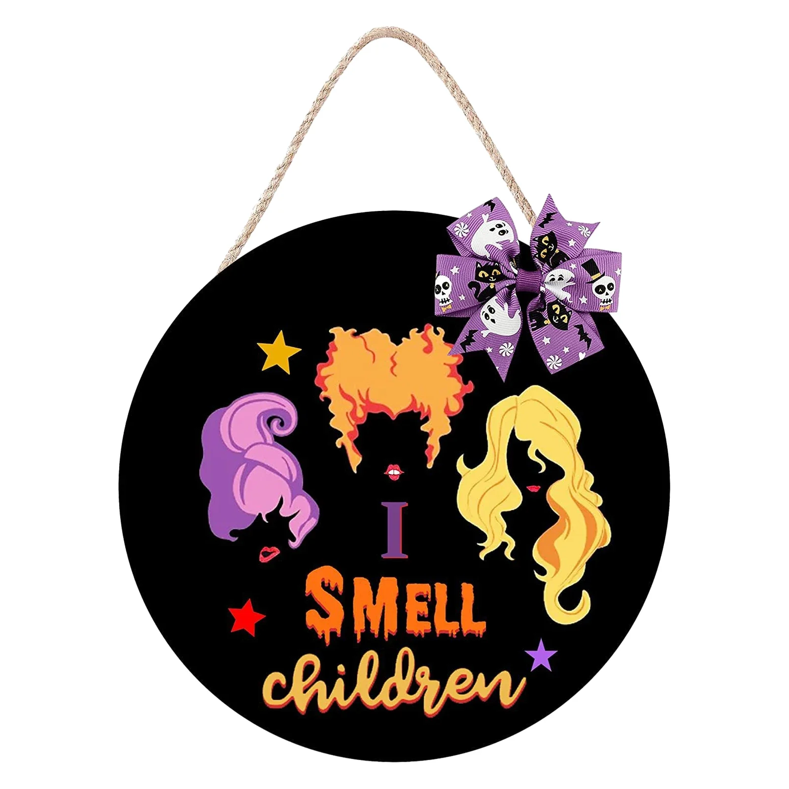 Art Craft House Decoration Halloween Wreath Round Wooden Wall Door Sign Hocus Pocus Hanging I Smell Children Black White 12 Inch