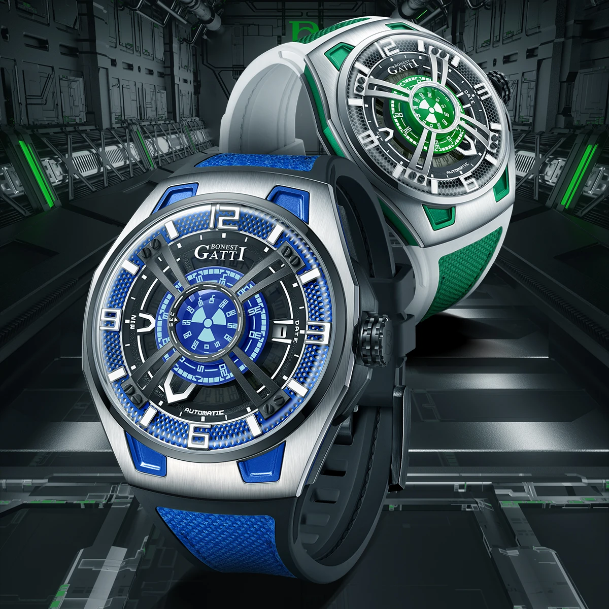 BONEST GATTI herenhorloge Valentijnsdag cadeau voor je vriend: Volautomatisch skelet mechanisch horloge Lichtgevend herenhorloge