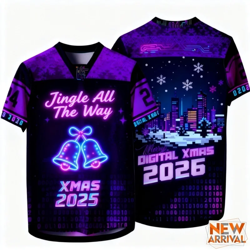 النيون سايبر نمط تي شيرت للرجال عيد الميلاد جرس الرنة ثلاثية الأبعاد مطبوعة تيز عادية الشارع بلوزات مستديرة العنق قصيرة الأكمام فضفاضة تي شيرت #2