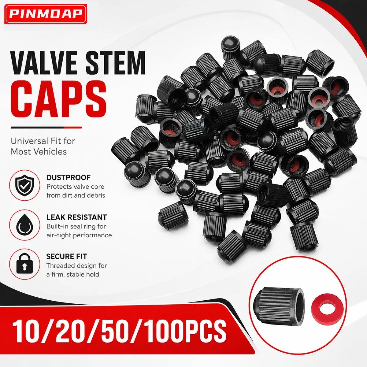 AliExpress pinmoap PINMOAP Tire Valve Stem Caps Universal Air Valve Caps Dust Proof Leakproof Covers with Rubber Seal for Car SUV Bike 10-100PCS