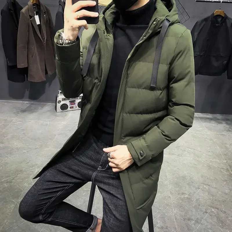 Winter Man Lengthen Cotton Coat Down Jacket Mid Length Over The Knee Thicken Youth Hooded Loose Keep Warm Temperament Simple