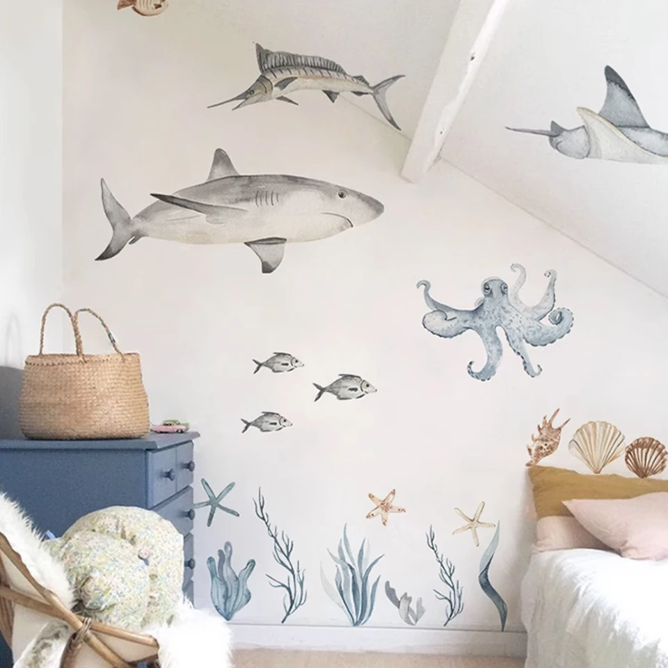 Large Watercolor Sharks Wall Decals Ocean Animal Wall Sticker Under The Sea Marine Life Theme Decals Nursery Kids Room Decor