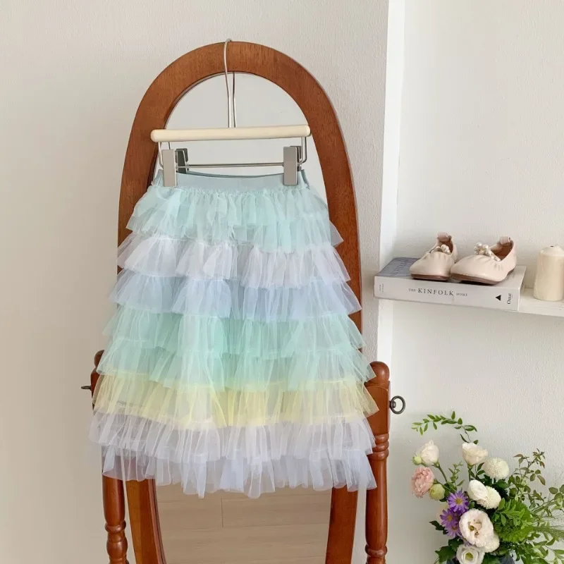 Groothandel Mesh Regenboog Gelaagde Jurk Prinses Baljurk Lieve Rok Kleine Meisjes Tutu Rokken Ballet Dans Kids Party Dagelijkse Rok