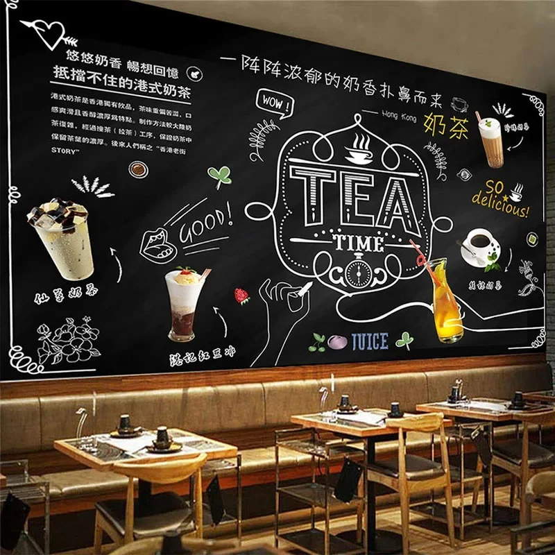 Custom Photo Papel De Parede Wallpaper 3D Blackboard Milk Tea Restaurant Cafe Bar Background Wall Murals Personality обои