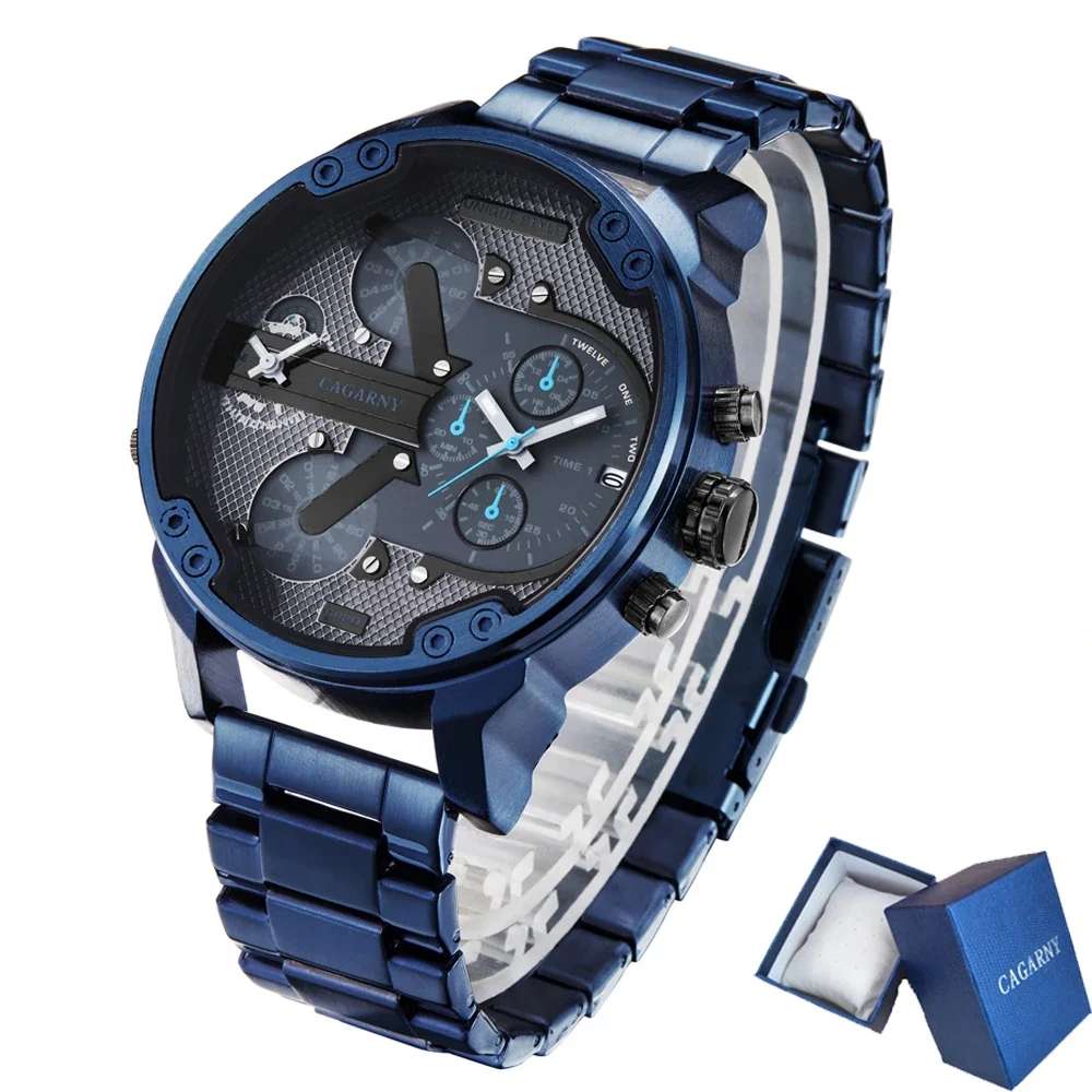 Dropshipping Cagarny Classic Design Quartz Watch Men Fashion Mens Wrist Watches Blue Stainless Steel Dual Times Reloj De Hombre