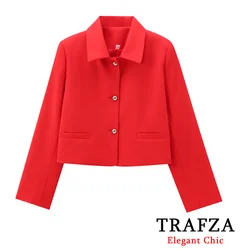 TRAFZA-Women Fashion Short Jacket Lapel Buttons Red Jacket New 2024 Spring Autumn Street Outwear Elegant Jacket