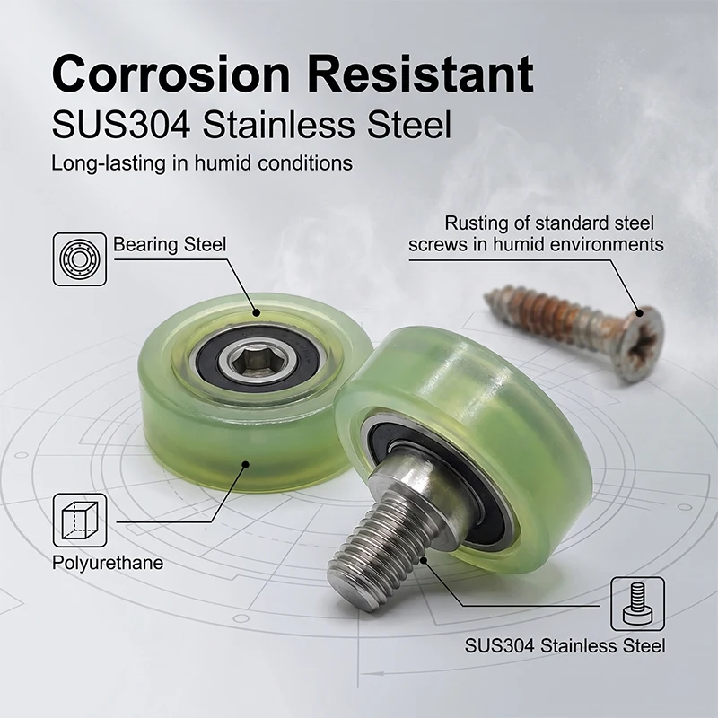 1pc 45mm PU Coated Bearing Wheel, M6 Screw Pulley PU600145-14C3L12M10 304SS Threaded Silent Sliding Polyurethane Bearing Roller