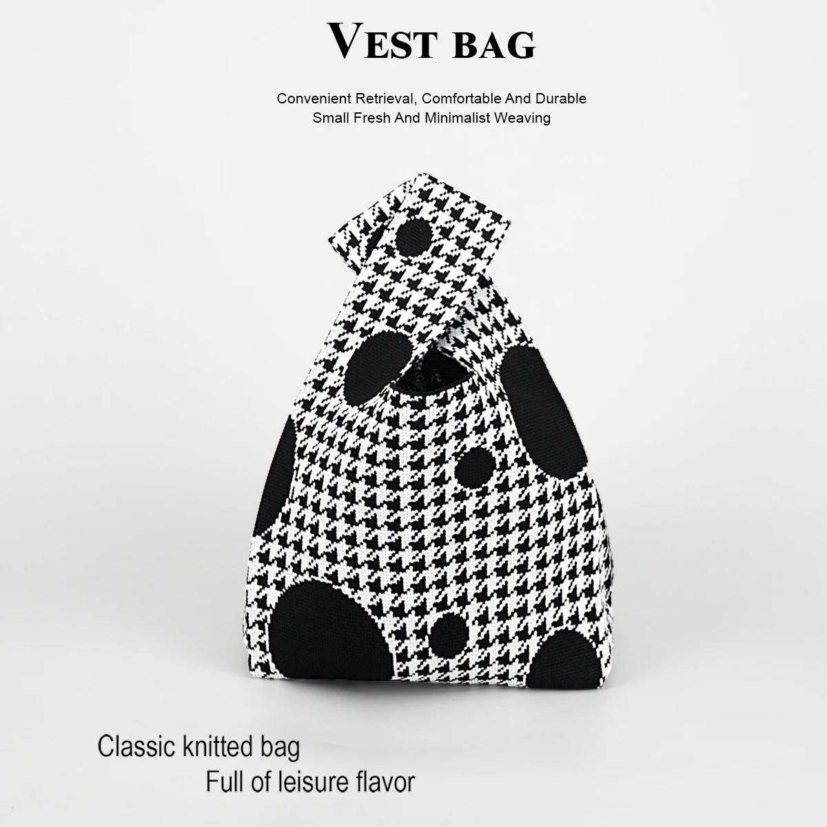 

Round Houndstooth Pattern Background, Simple and High-End Knitted Handbag, Contrasting Colors Meet Basic Storage Needs, Exquisite and Versatile, Can Be Paired with Any Style, Suitable for Daily Travel, Shopping, Photography, and Can Be Used in All Seasons