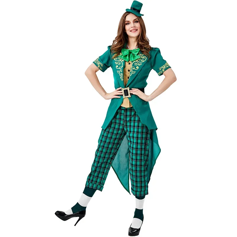 Green Clover St.Patrick Day Costume Women Ireland Festival Elf Cosplay Dress Up Suit Party Outfit Jacket Pants Hat Bow Tie Socks