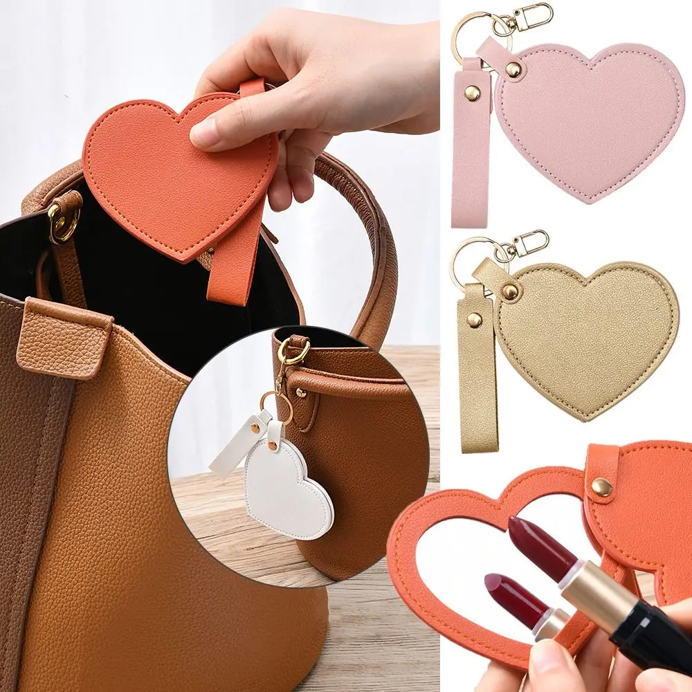 الإبداعية بو الجلود على شكل قلب مفتاح سلسلة فاخرة تنوعا مرآة لوضع مساحيق التجميل المفاتيح حقيبة محمولة معلقة قلادة الهدايا