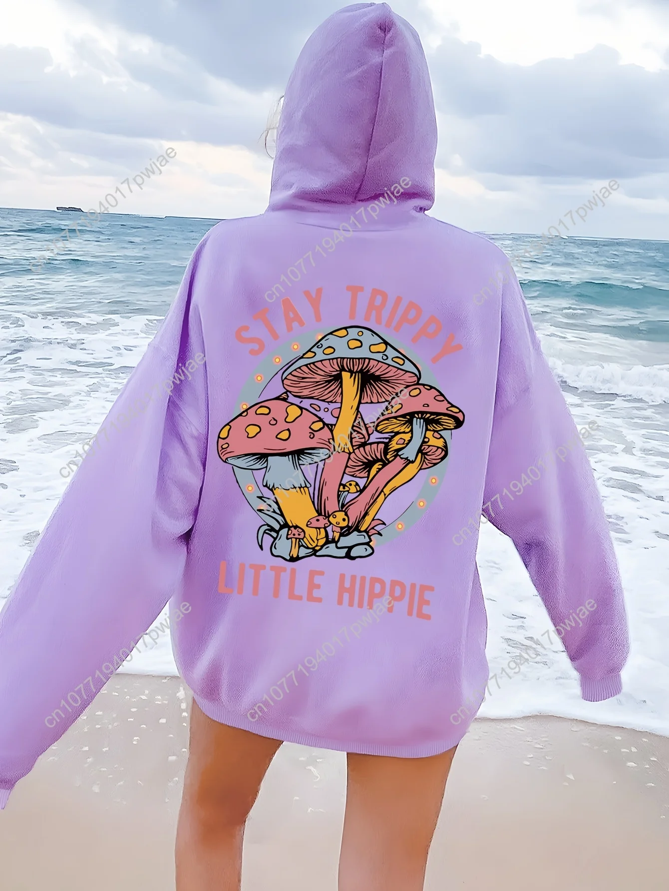 Moletom com capuz de poliéster com estampa de cogumelo aconchegante – capuz feminino casual com cordão, lavável à máquina