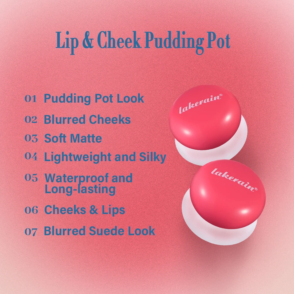 Lakerain Lip & Cheek Pudding Pot Natural Cheek Face Lip 2 IN 1 Waterproof Blusher High Color Rendering Smooth Brightening