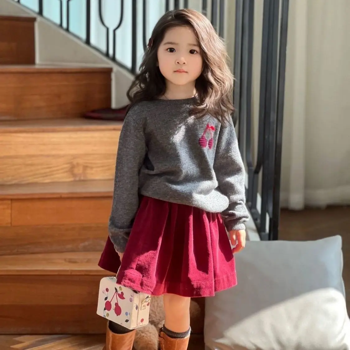 2025 Spring Autumn New Red Princess Corduroy A Line Mini Skirt for Girls Stylish Versatile Kids Clothing