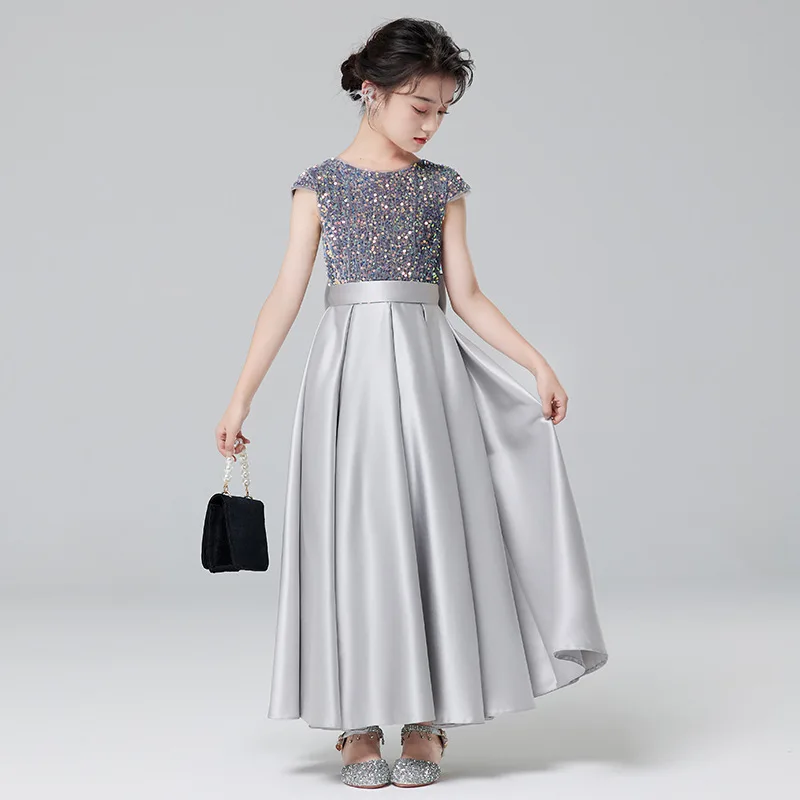 Girl's Piano Dress Grey Sequin Long Performance Dress Princess Dress Children's Host Runway Performance Dress Autumn