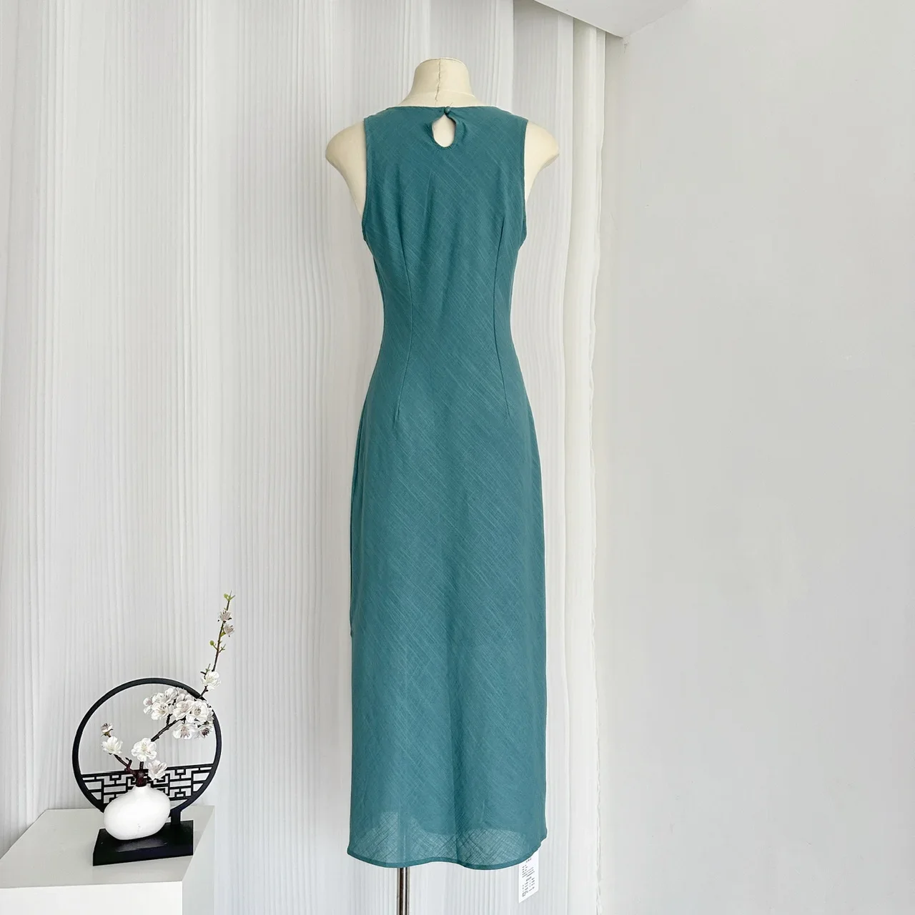 Vestido fino split vintage feminino, fêmea elegante, ramie casual, tencel, cor sólida, sem mangas, vestidos de festa longos, verão