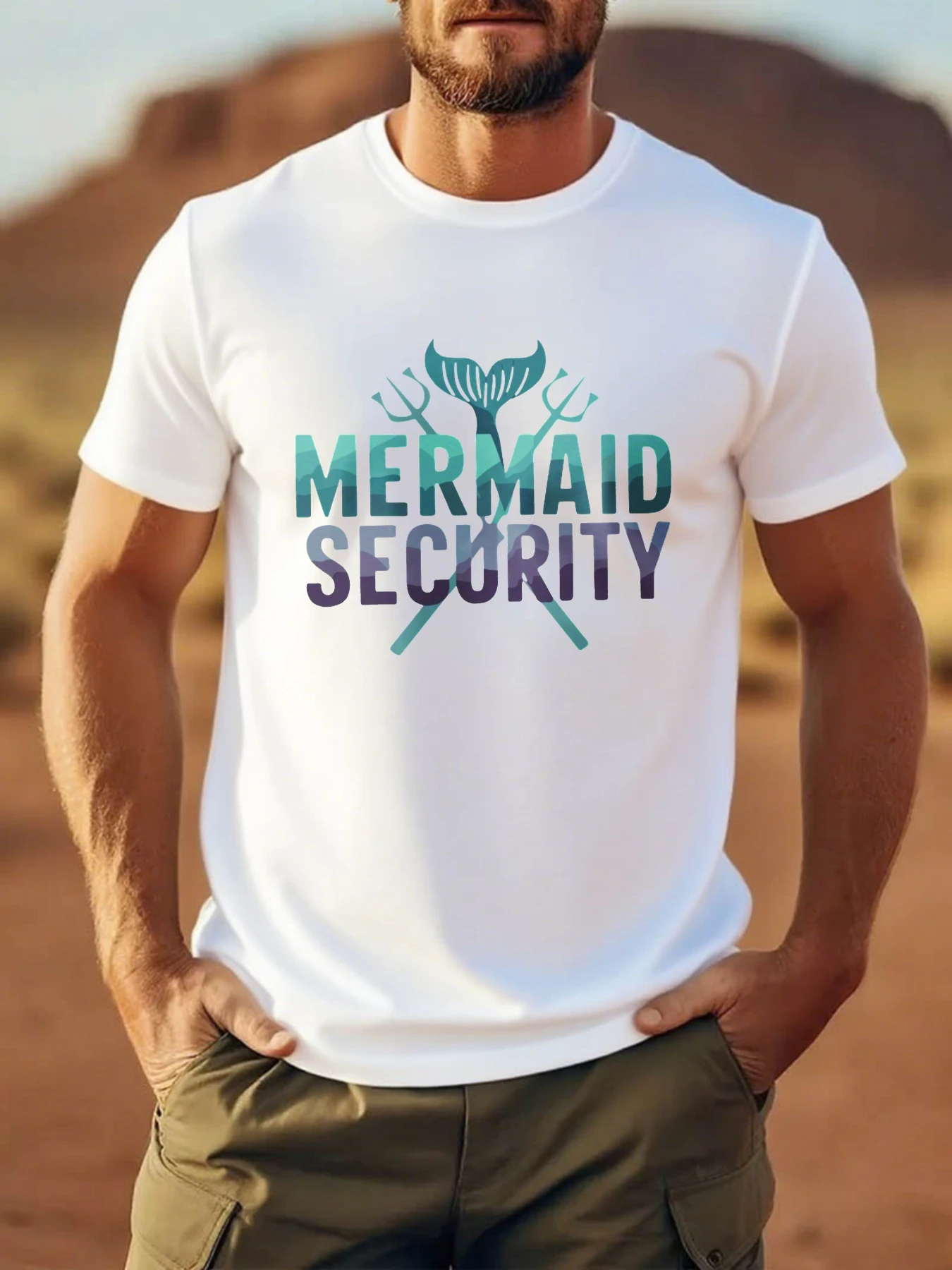 Mermaid Security Graphic Men's T-Shirt Oversized Crew Neck Cotton Tee Summer Male Streetwear Casual Loose Tops Short Sleeve
