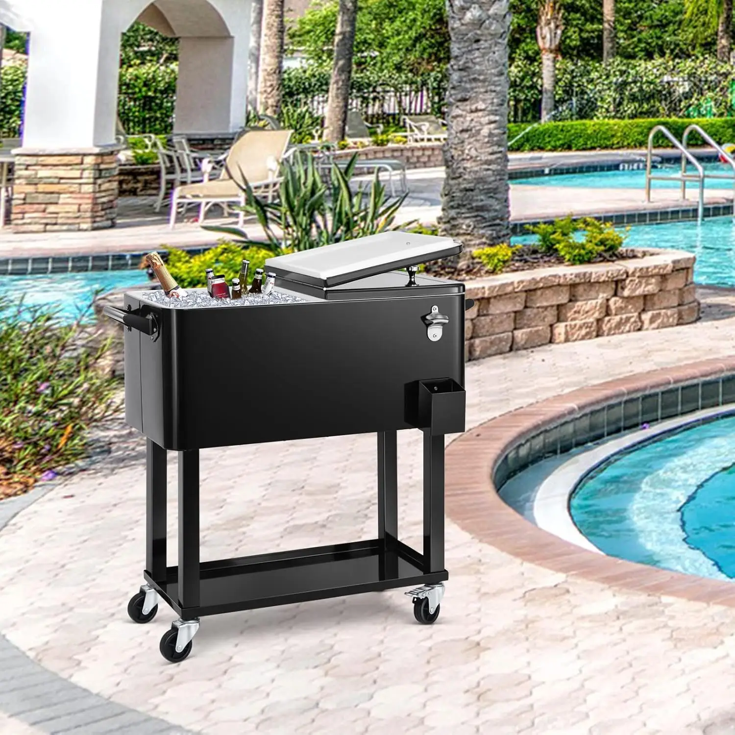 80 Quart Rolling Ice Chest Cooler Cart,Patio Backyard Party Drink Beverage Bar Stand Up Cooler Trolley with Ice Scoop