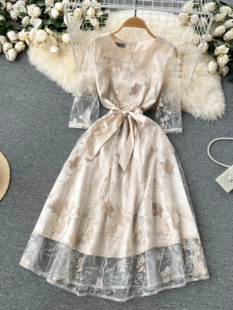 

FTLZZ Summer Elegant Women O-neck Lace Mesh Floral Print Dress Casual Lady Empire Slim Sash Tie Up Dress Embroidery A-line Dress