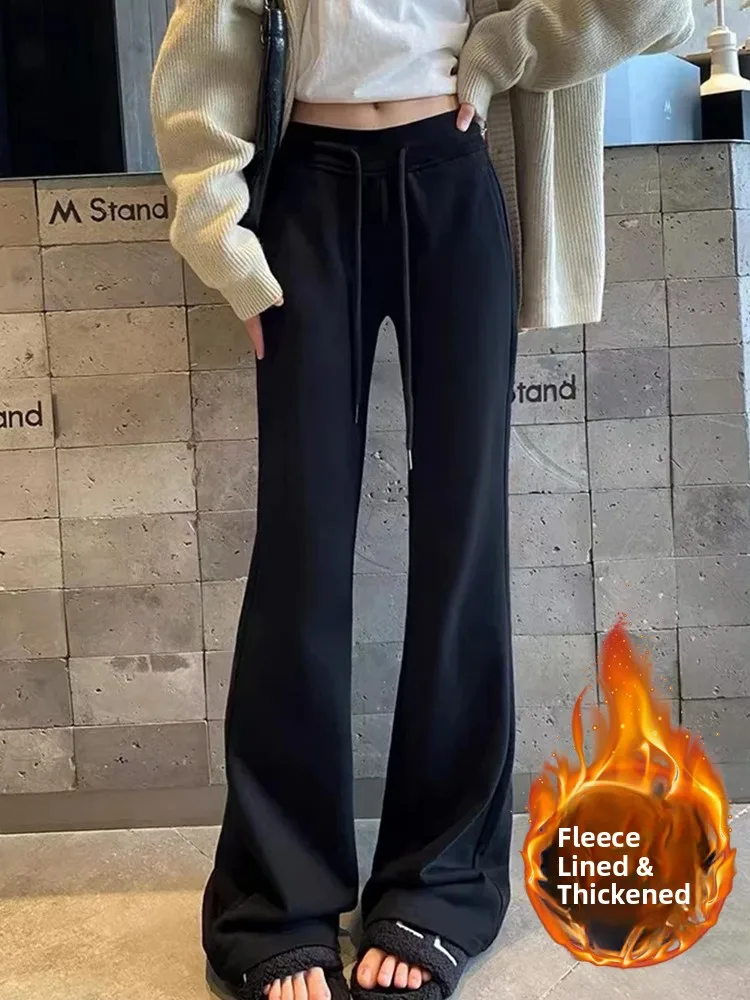 

Расклешенные спортивные брюки с высокой талией, женские свободные спортивные штаны на подкладке с завязками, осень-зима, новинка Sle