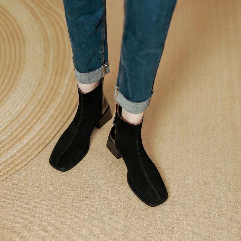 Women Nature Suede Ankle Boots SmallHut New Autumn Winter Black Brown High Square Heels Boot Fashion Round Toe Patchwork Shoes