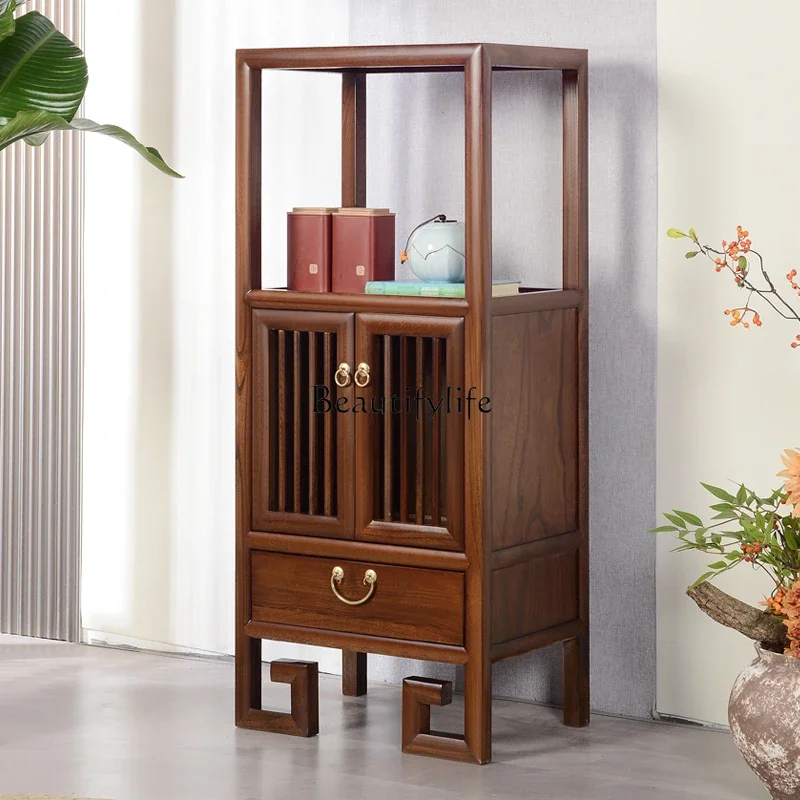 

yj21 New Chinese-style solid wood storage ancient shelf home display side cabinet walnut color bookshelf dining side cabinet sim