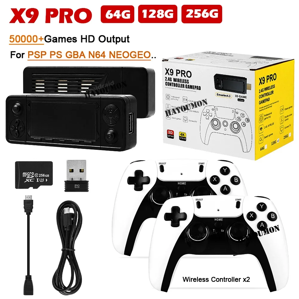 

X9 PRO Retro Game Stick Video Game Console 4K HD 256G 50000 Games 50+ Emulator For PS1/PSP/SFC/N64 Dual 2.4G Wireless Controller
